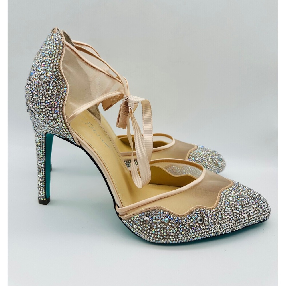 Betsey Johnson SB-IRIS Rhinestone Mesh Pumps Size 12 Champagne Blue Sole Heels